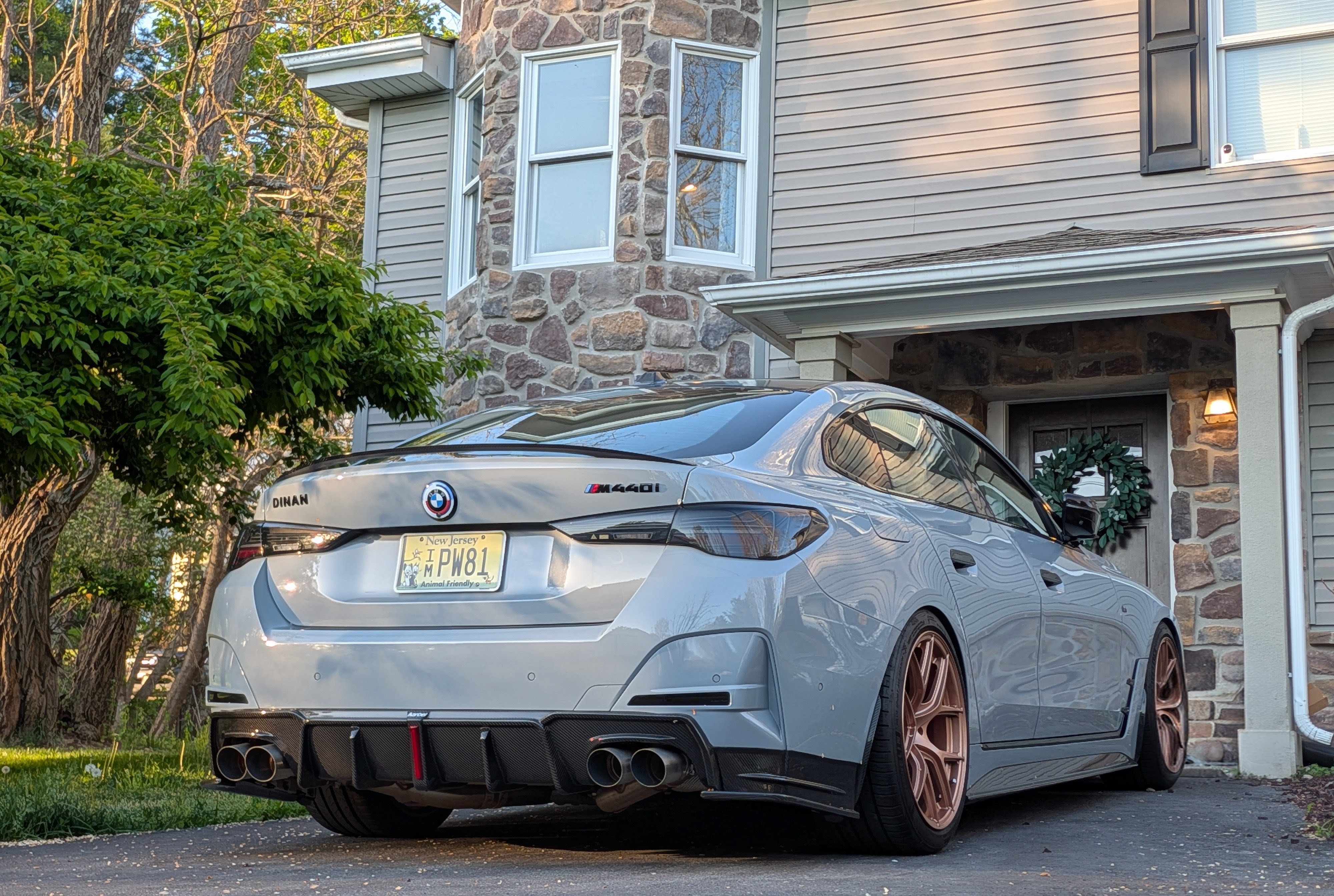 DV-001 rear three-quarter — carbon diffuser and bronze wheels, spring